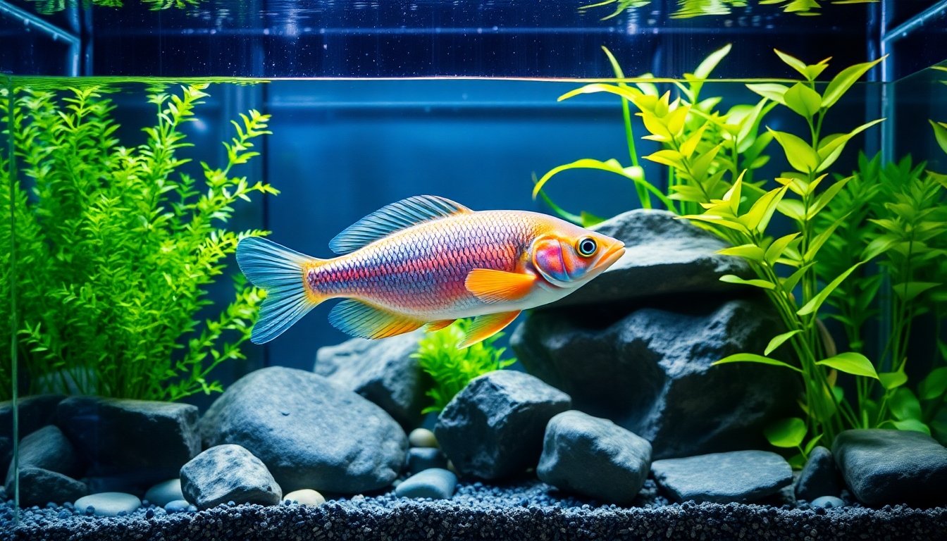 Acuario bien decorado para pez telescopio