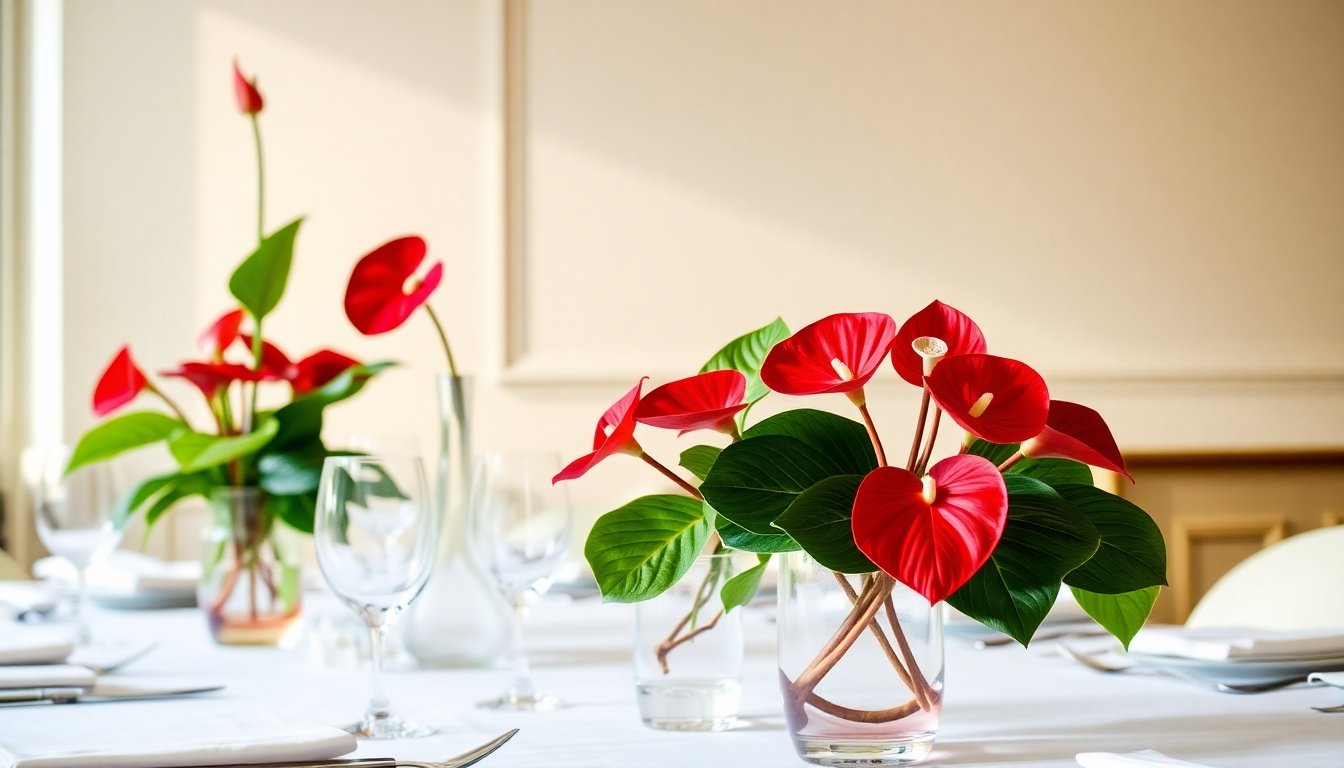 Anturios en una mesa decorativa