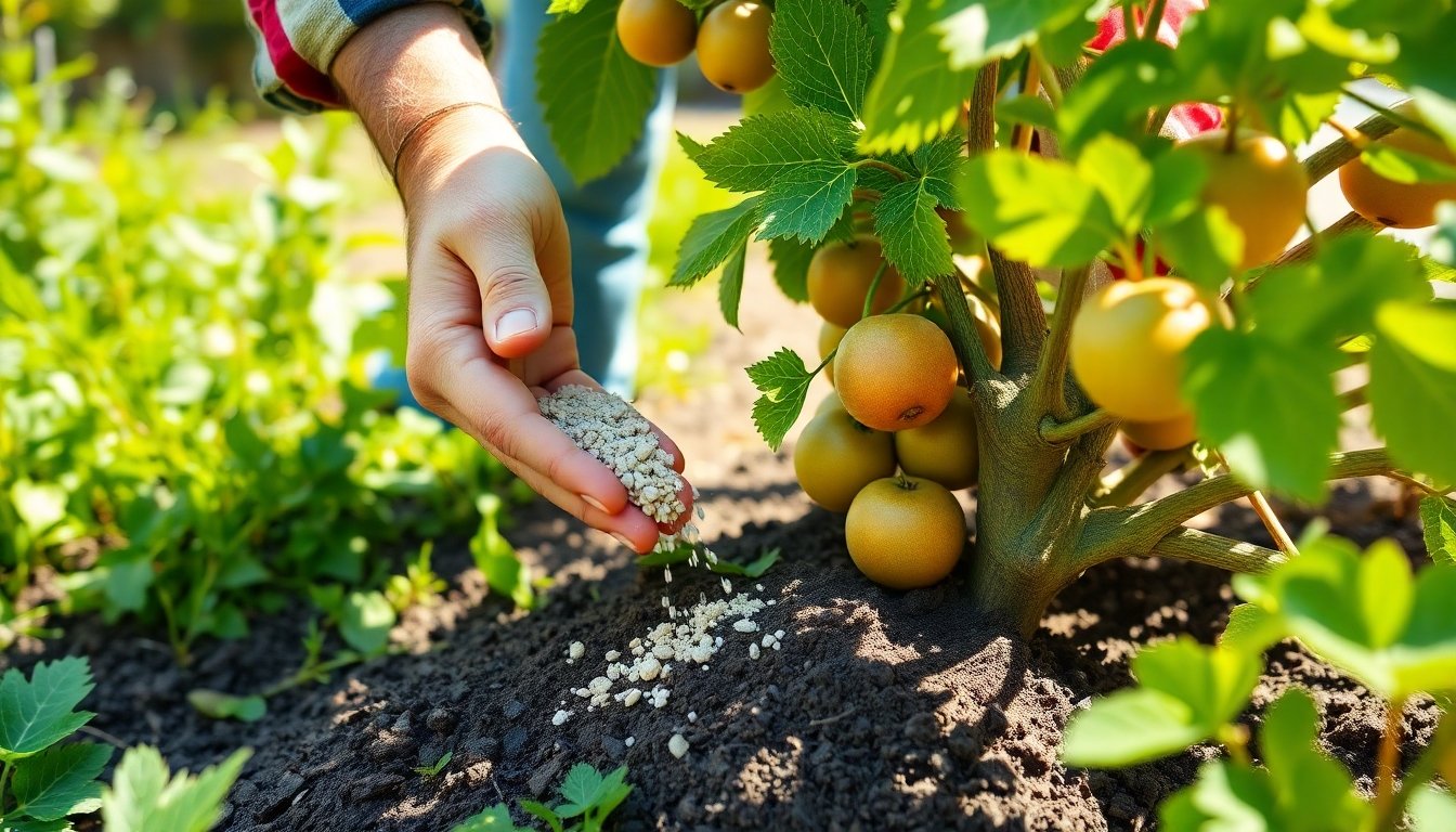 Aplicación de fertilizante en planta de kiwi