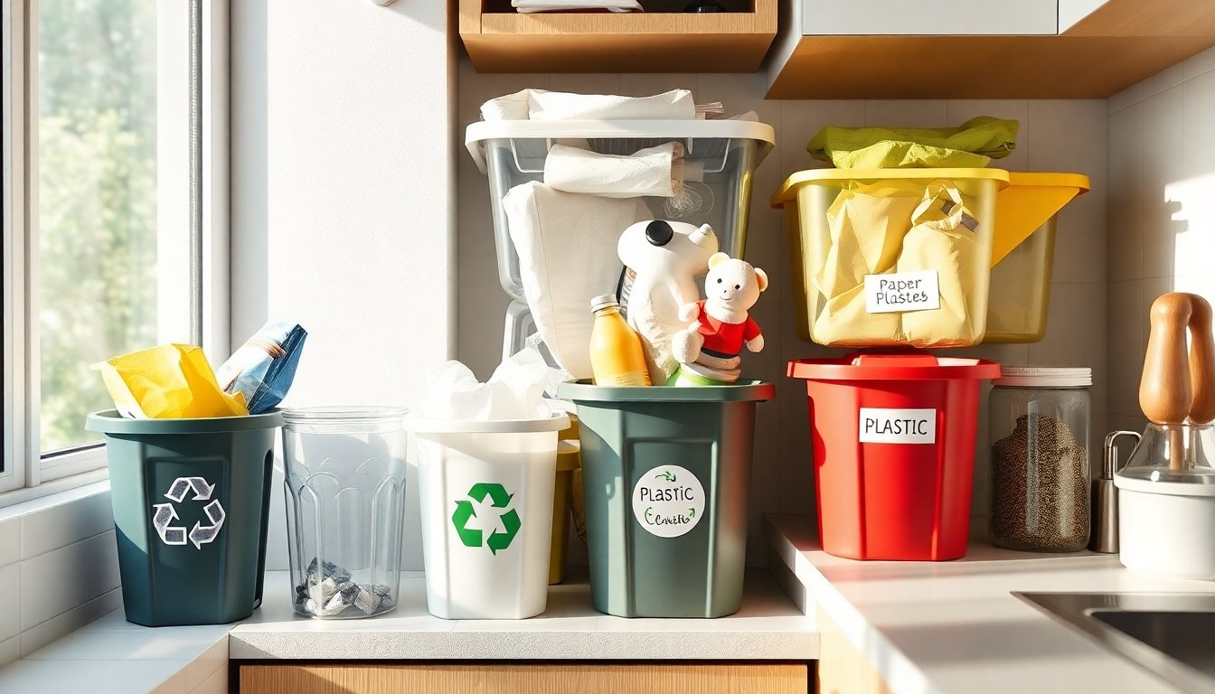Área de reciclaje organizada en el hogar