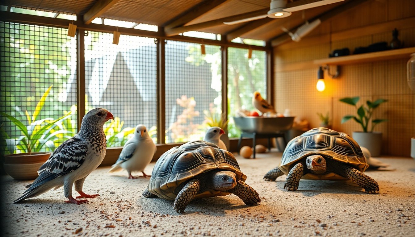 Aves domésticas felices en casa