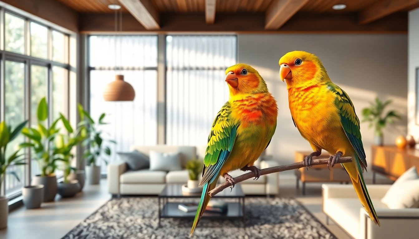 Aves domésticas felices en un hogar