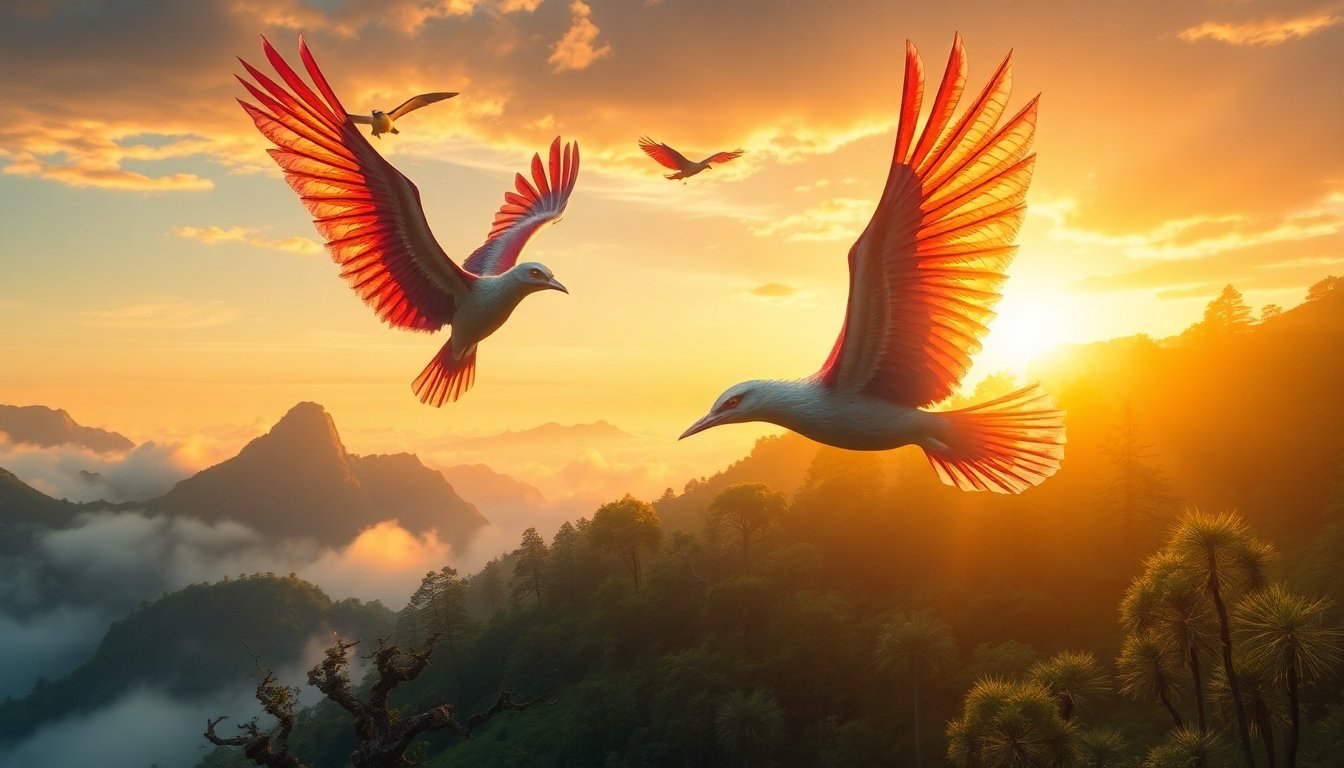 Aves mitológicas en un paisaje místico