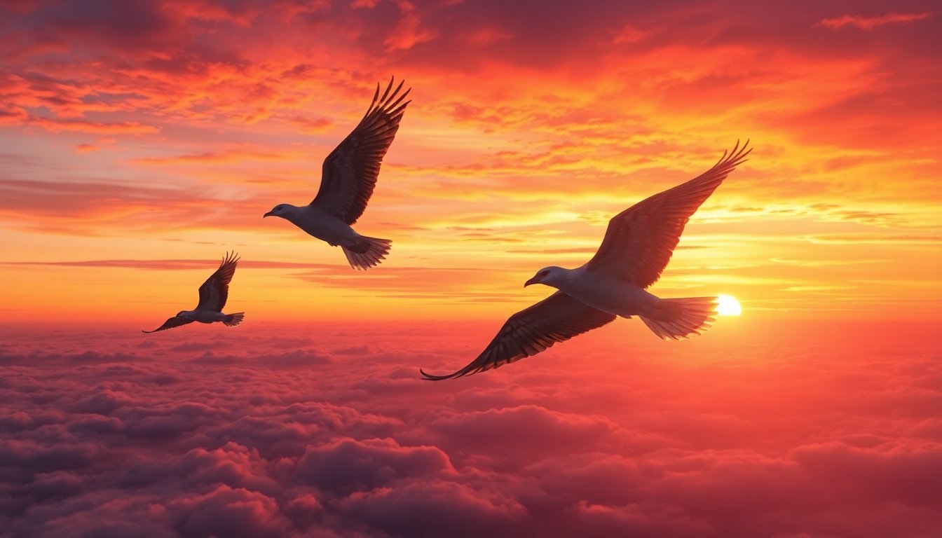Aves mitológicas volando hacia el horizonte al atardecer