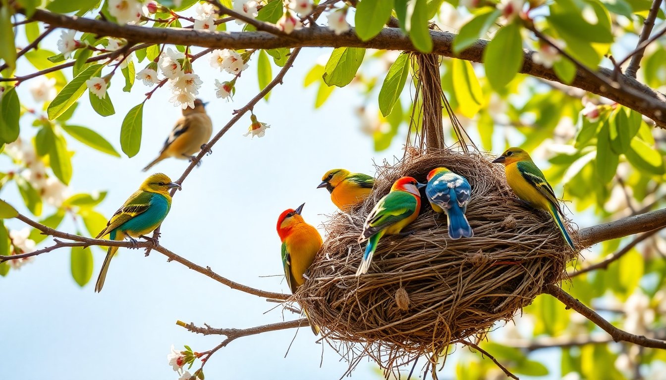 Aves ovíparas en un árbol