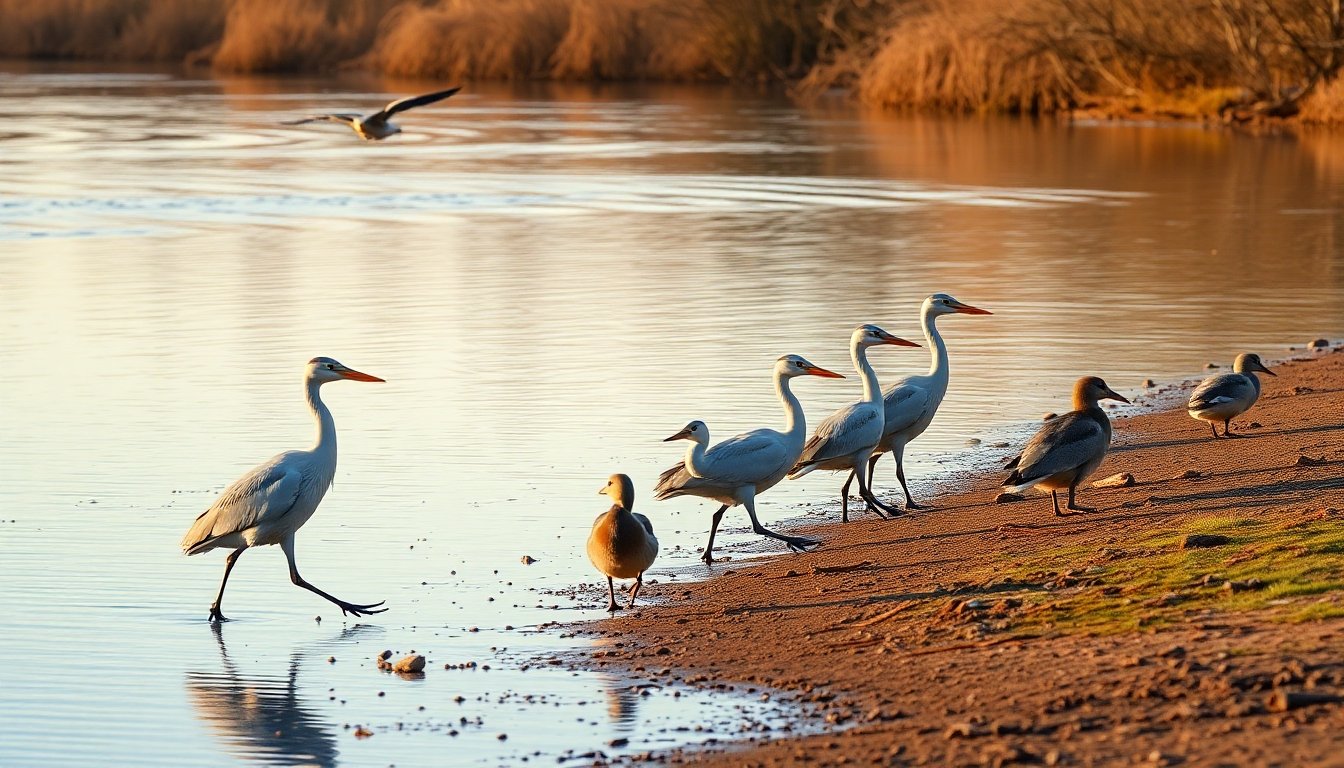 Aves palmípedas en el río
