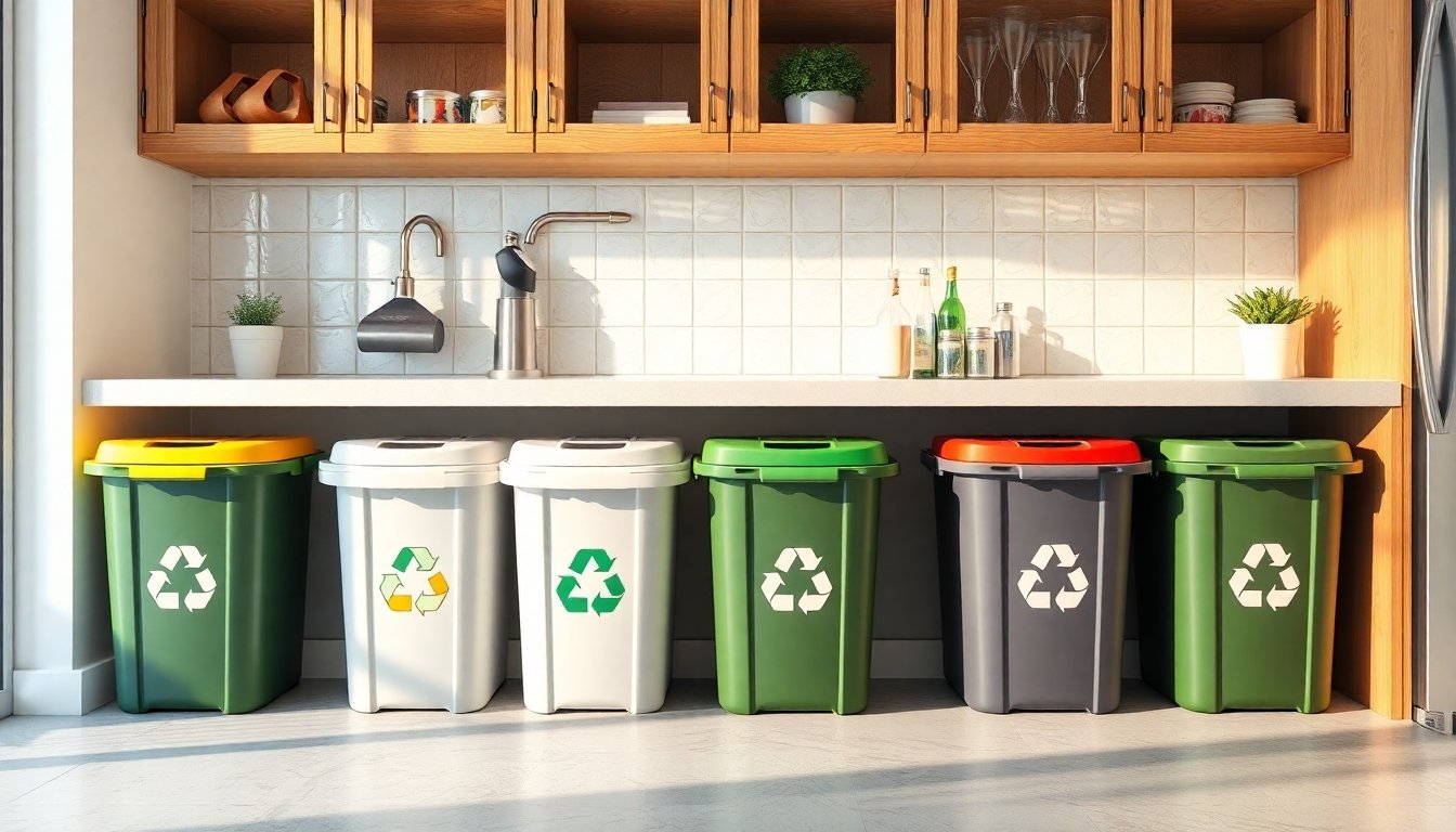 Botes de reciclaje organizados en una cocina moderna