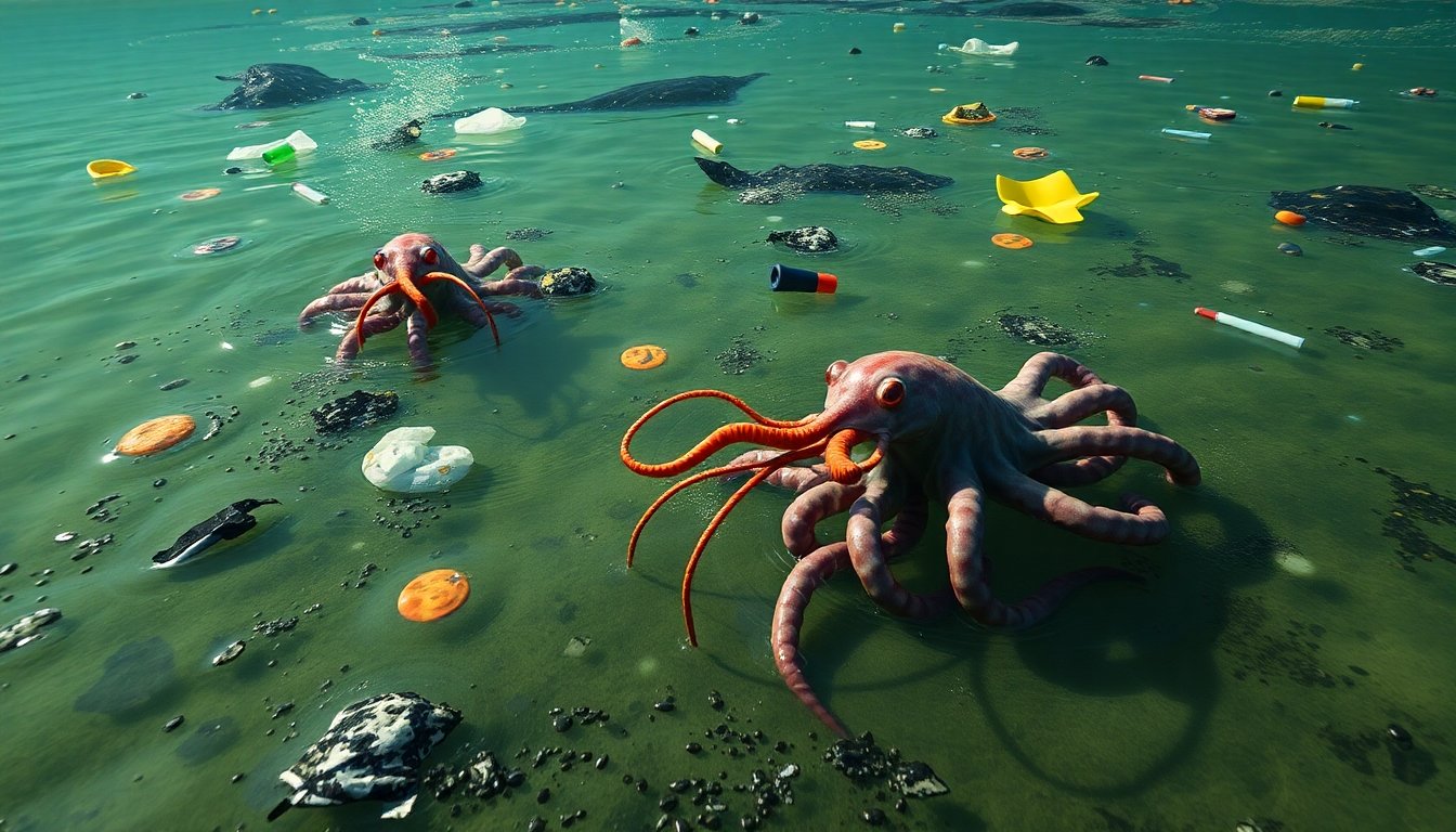 Calamares en agua contaminada