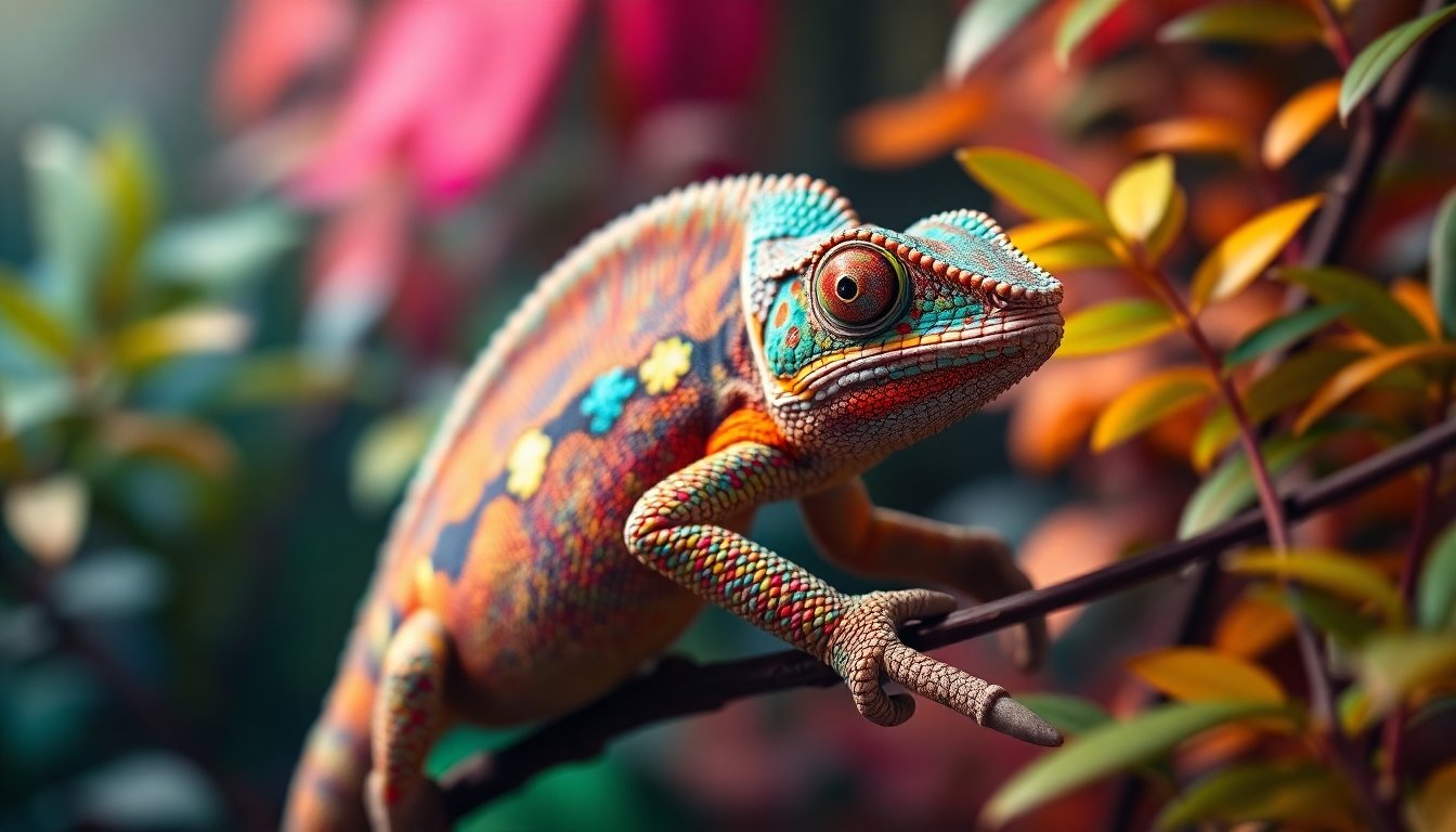 Camaleón camuflándose en su entorno