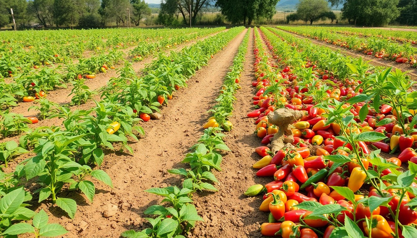 Campo de pimientos cultivados de manera sostenible