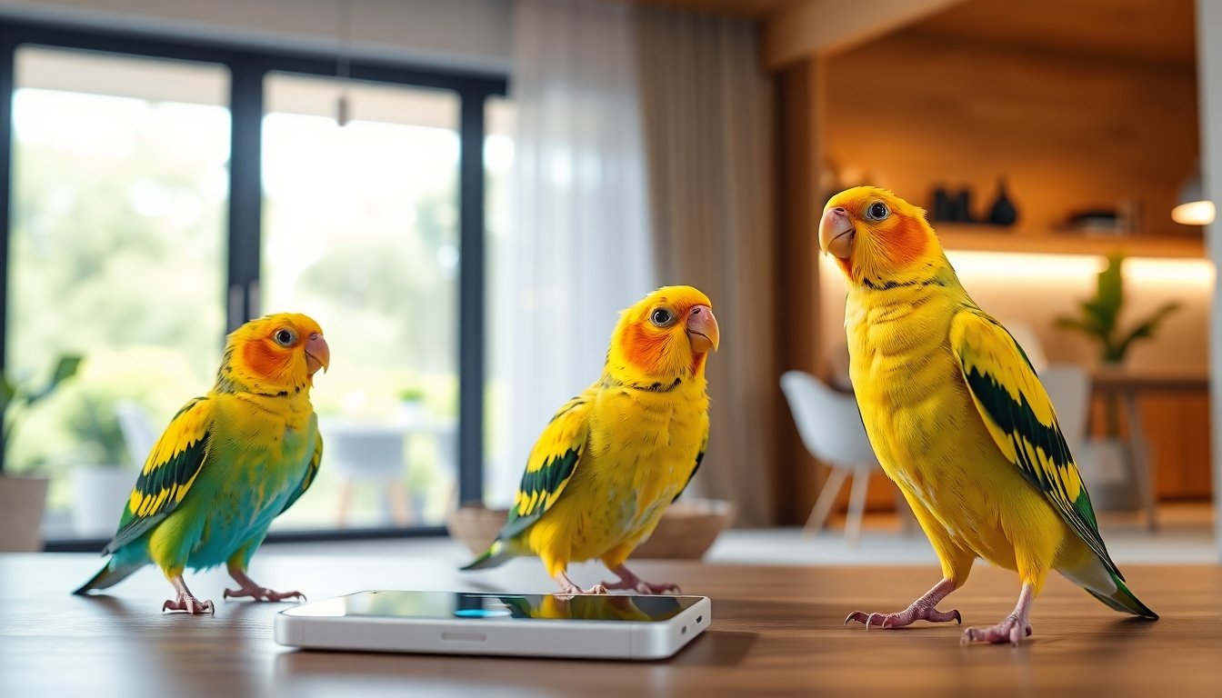 Canarios cantores interactuando con dispositivos inteligentes
