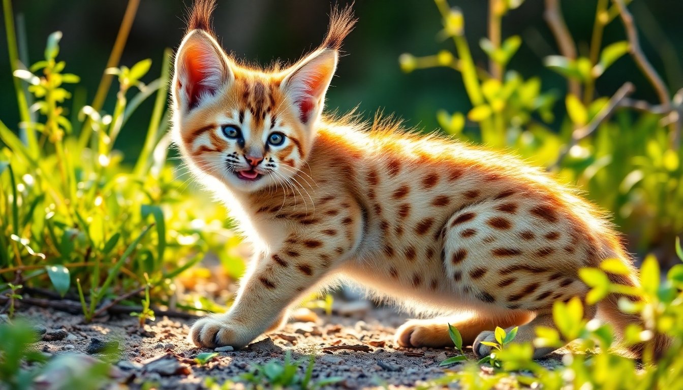 Caracal bebé jugando en el hábitat natural