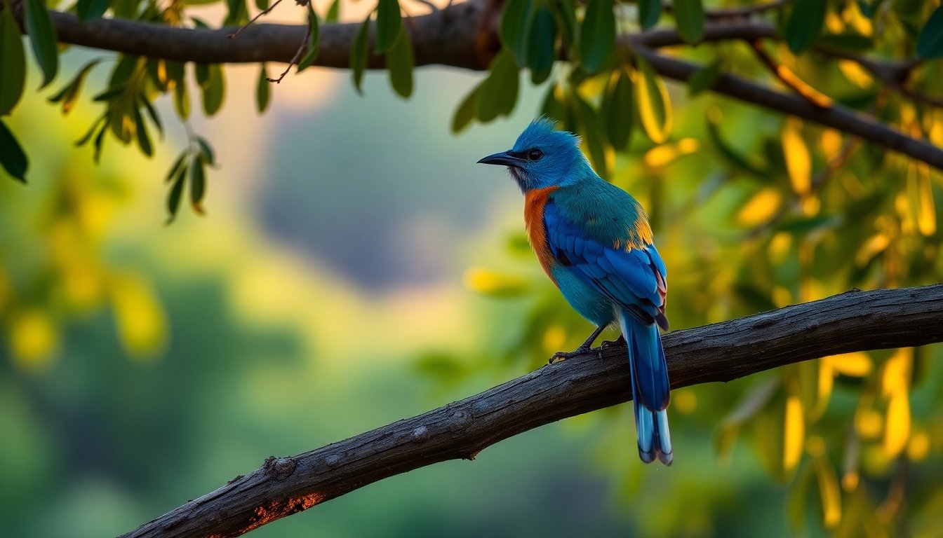 Cardenal azul posado en un árbol