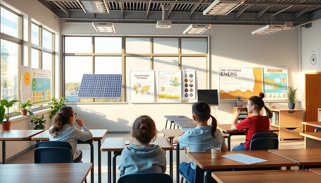 Clase sobre energía sostenible en una escuela
