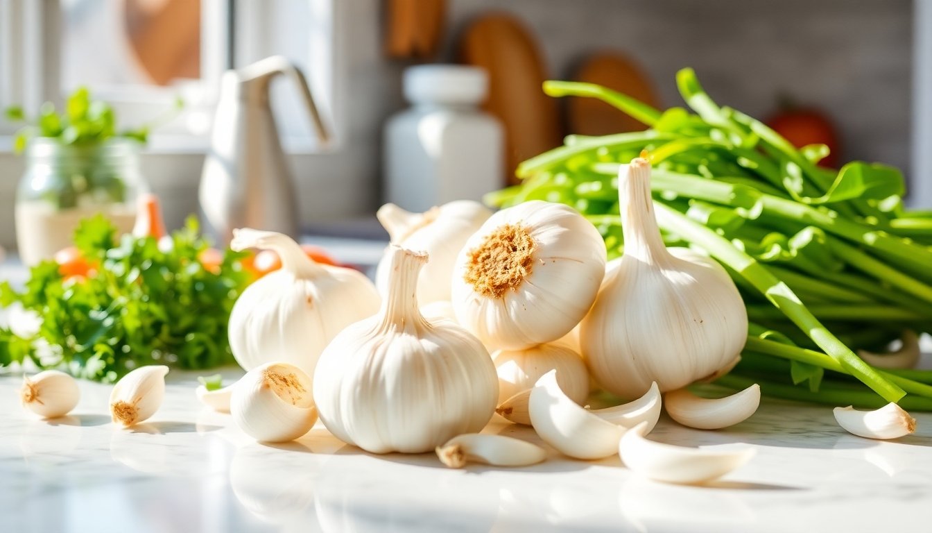 Cocina saludable con ajo y cebolla blanca