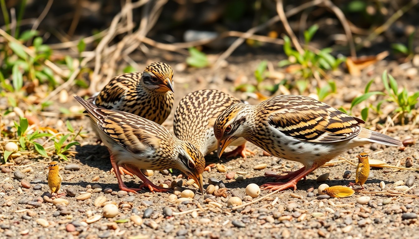 Codornices alimentándose de semillas e insectos