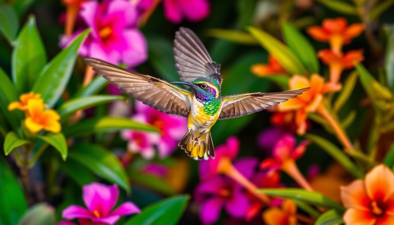 Colibrí Hispaniola volando entre flores