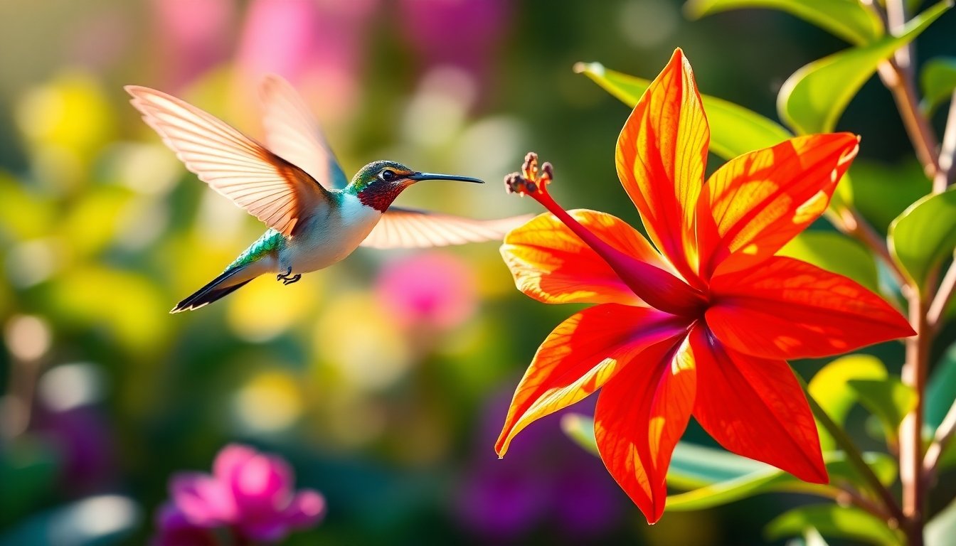 Colibrí polinizando una flor exótica
