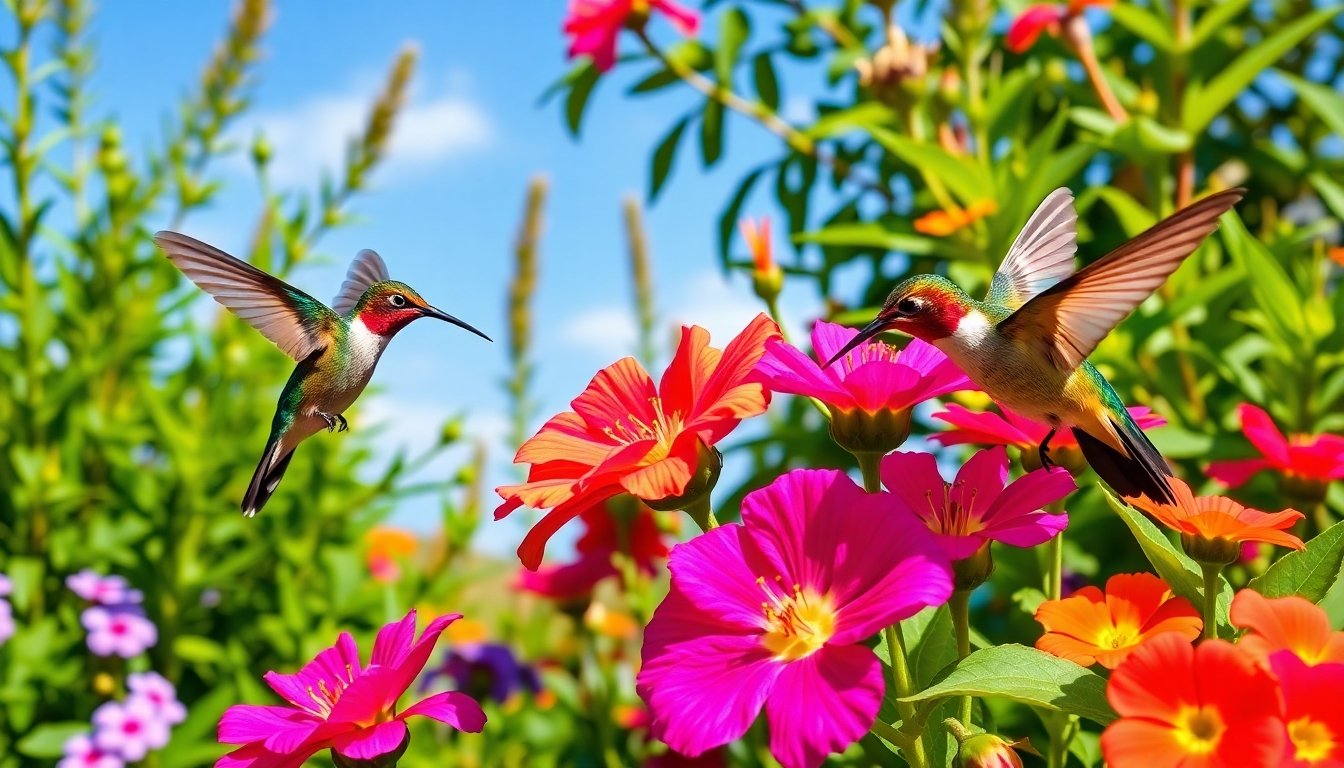 Colibríes alimentándose en un jardín de El Salvador