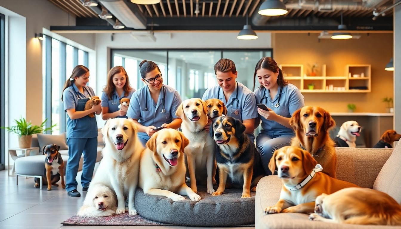 Cuidadores de perros interactuando con mascotas en el hotel