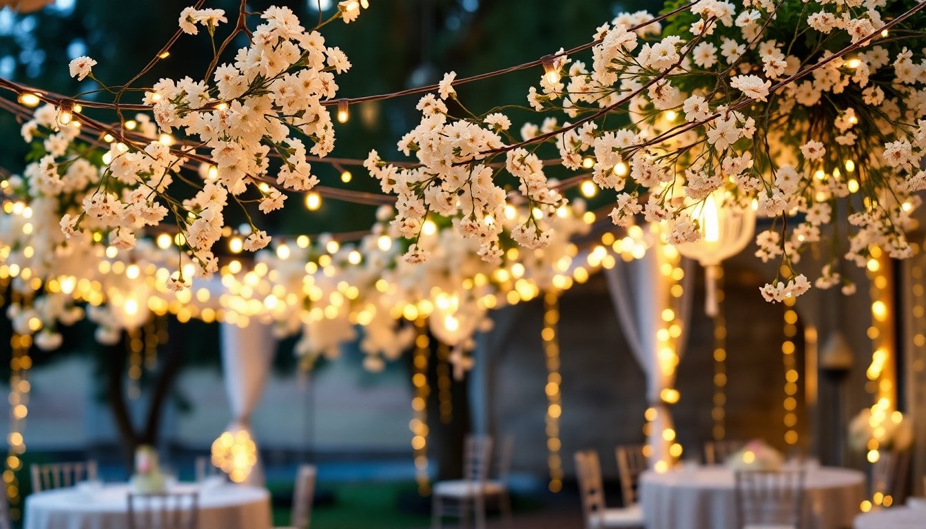 Decoración con gipsofila y luces