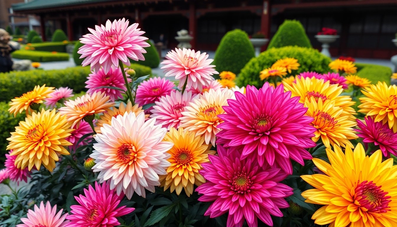 Detalle de crisantemos en un jardín japonés