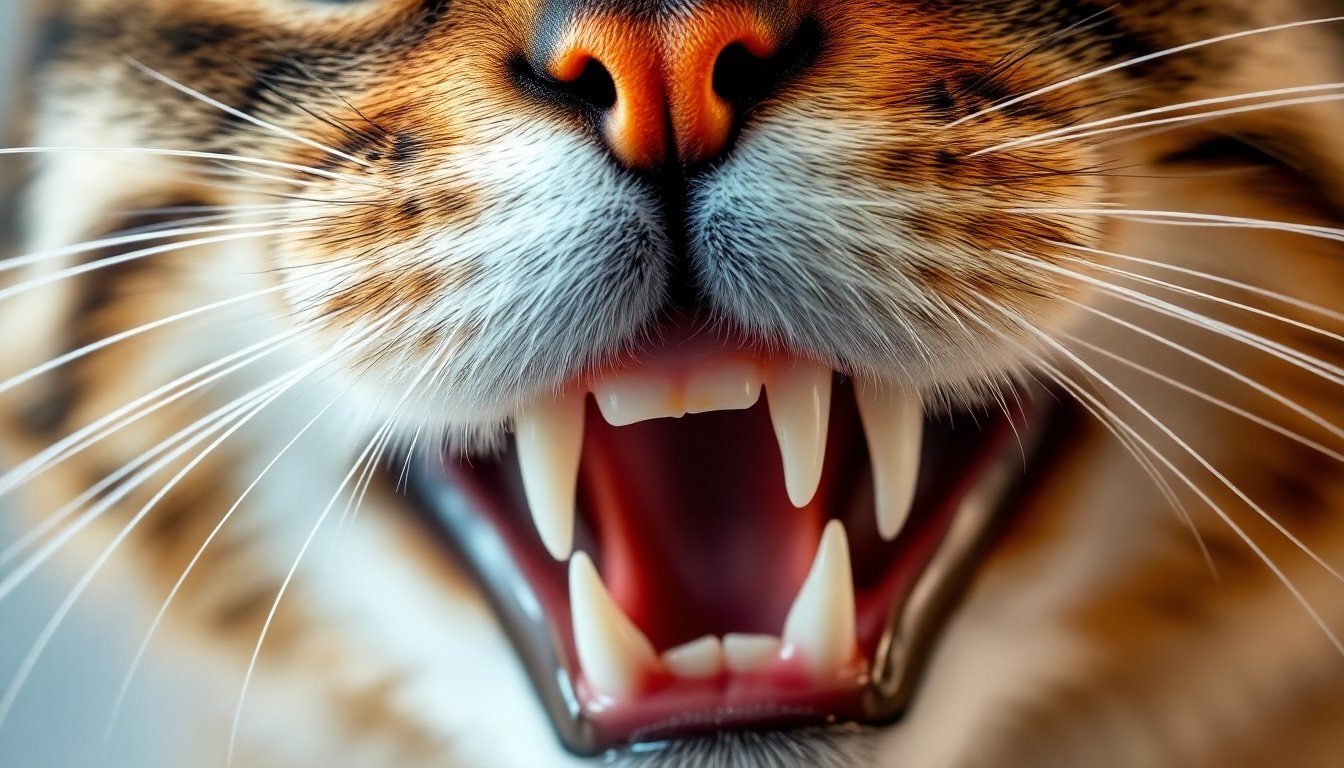 Detalle de los dientes de un gato mostrando su afilamiento