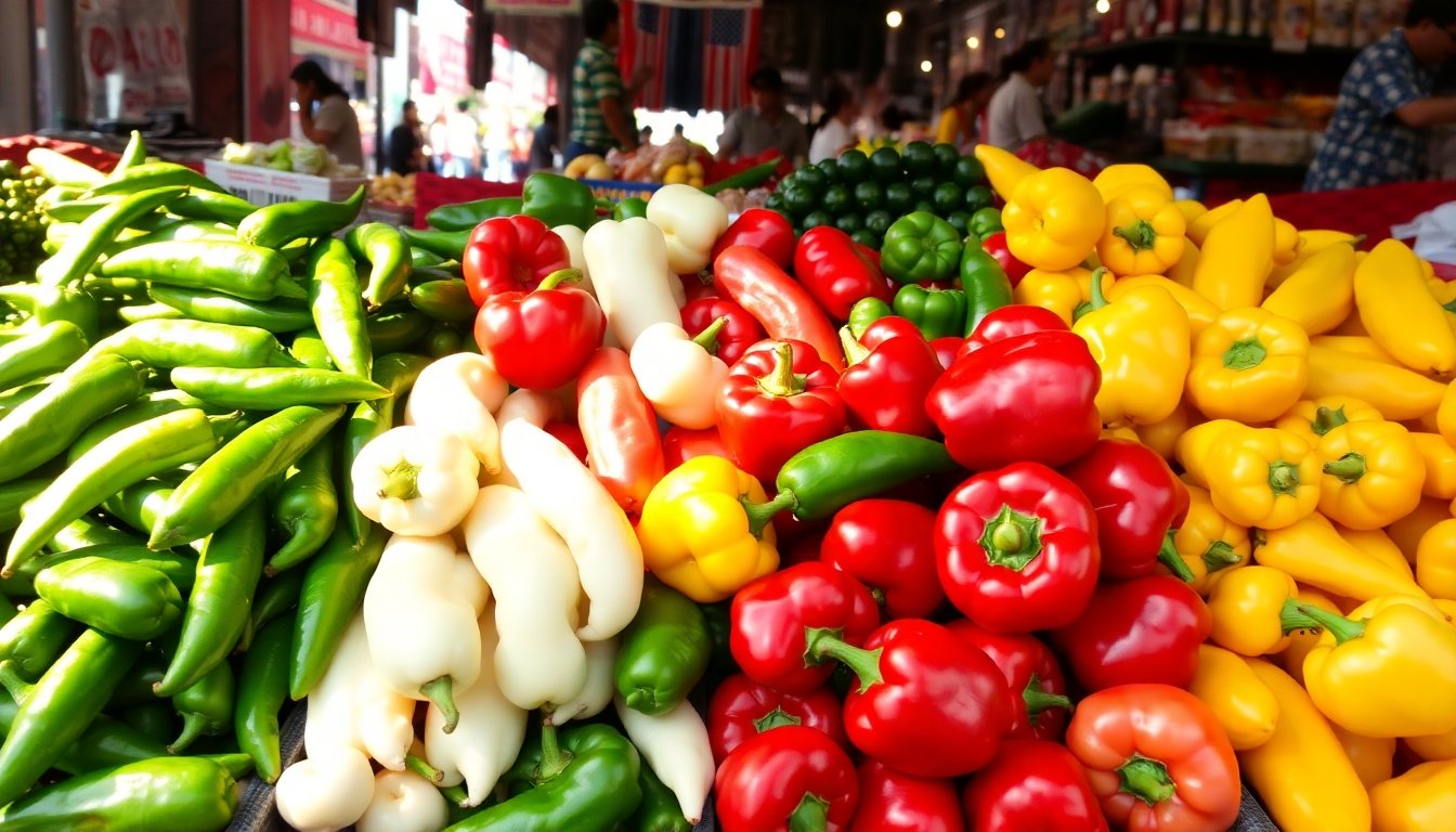 Diferentes tipos de pimientos básicos dispuestos en un mercado