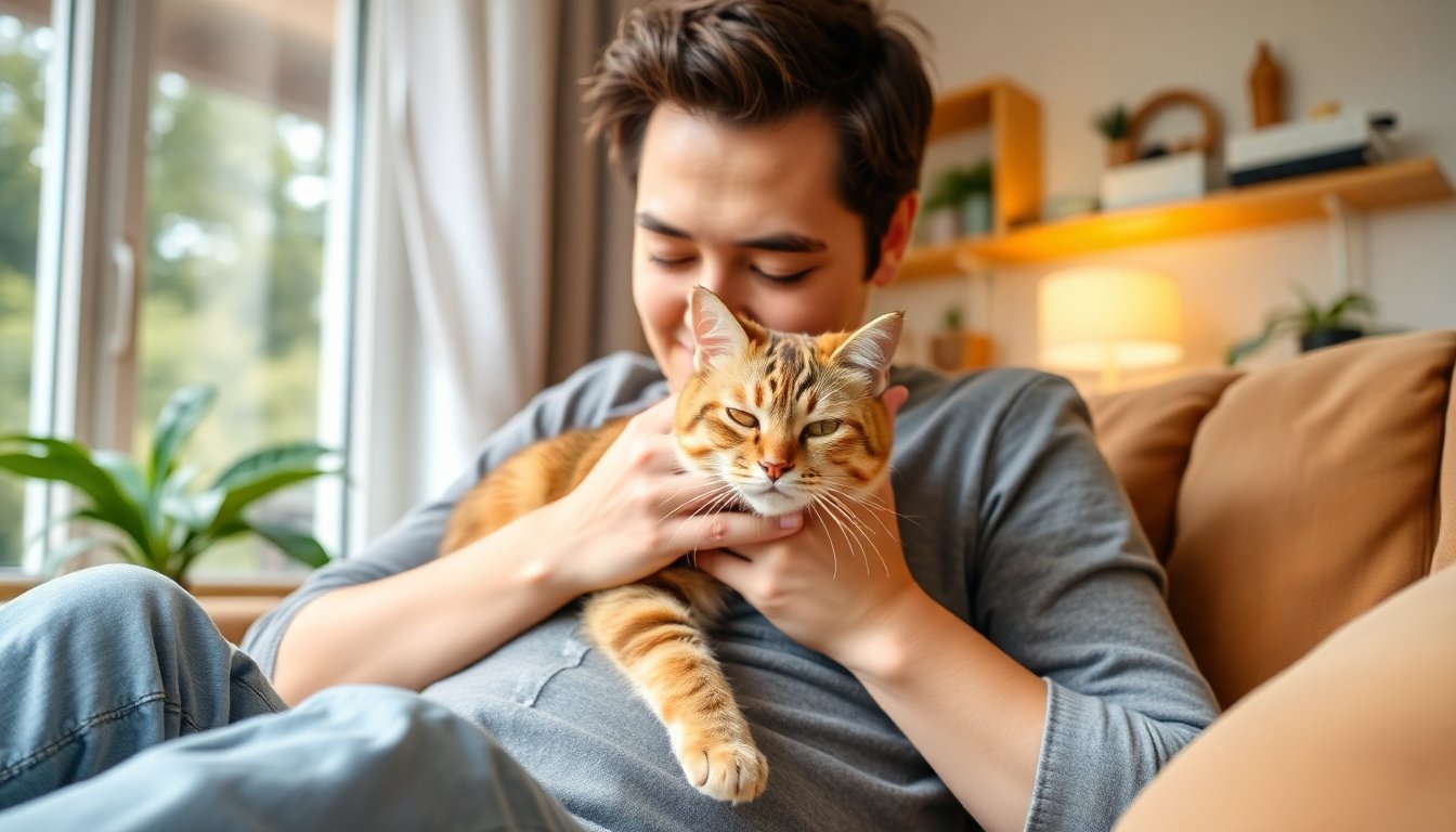 Dueño interactuando con su gato en casa