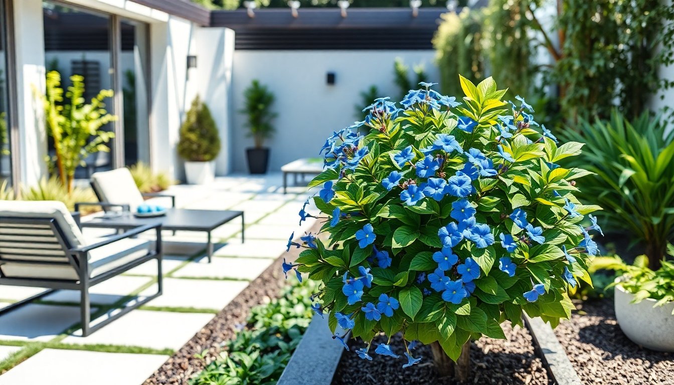 Duranta complementando un diseño de jardín moderno