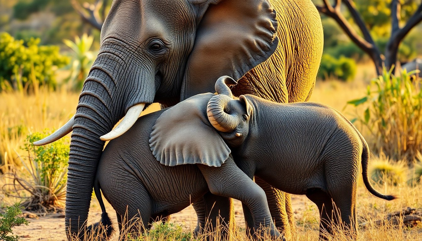 Elefante macho cuidando a la cría