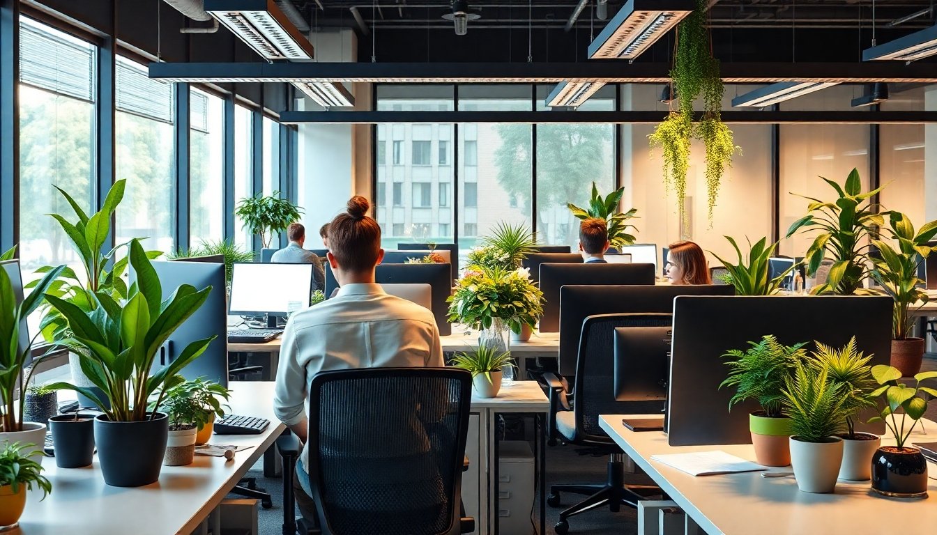 Empleados trabajando con plantas en la oficina