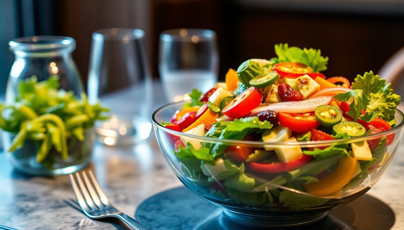 Ensalada con piñones tostados y vegetales frescos