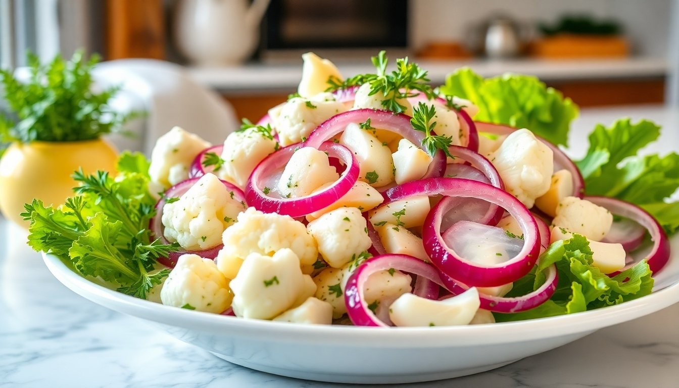 Ensalada de coliflor blanca y cebolla blanca