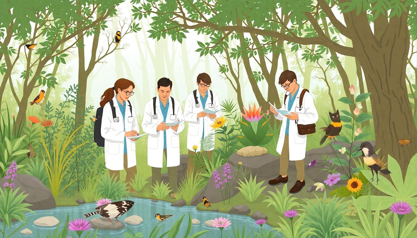 Equipo de científicos midiendo biodiversidad