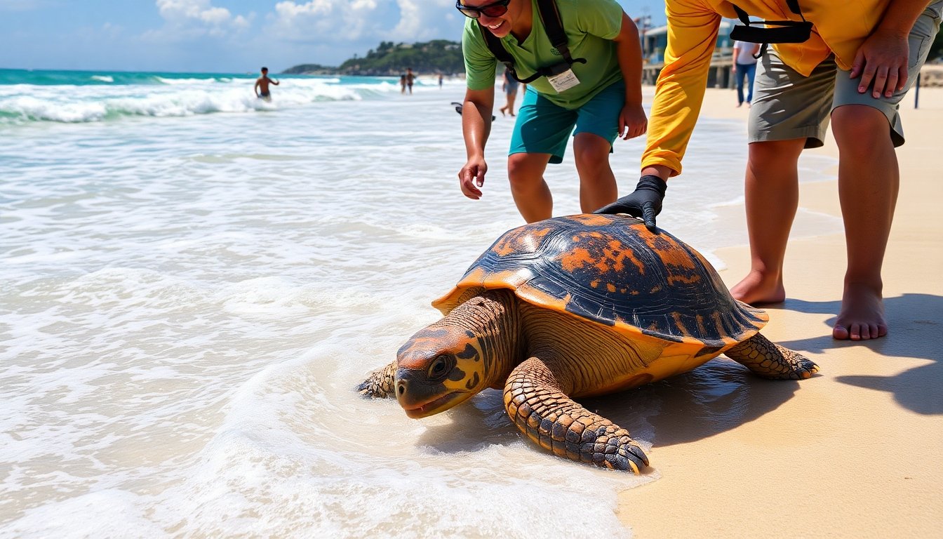 Equipo de conservación trabajando con tortugas en la playa