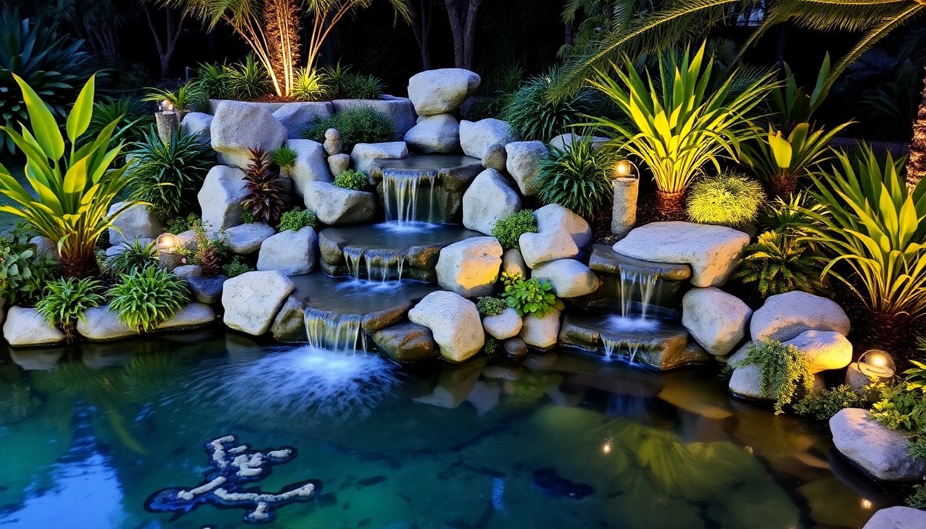 Estanque decorado con plantas acuáticas y elementos de piedra