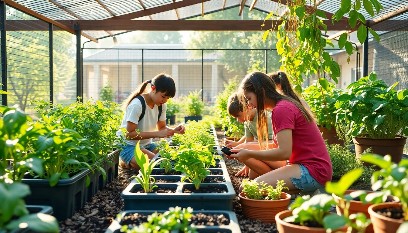 estudiantes trabajando en un huerto escolar