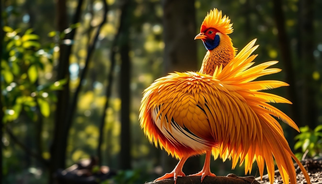 Faisán dorado exhibiendo su plumaje