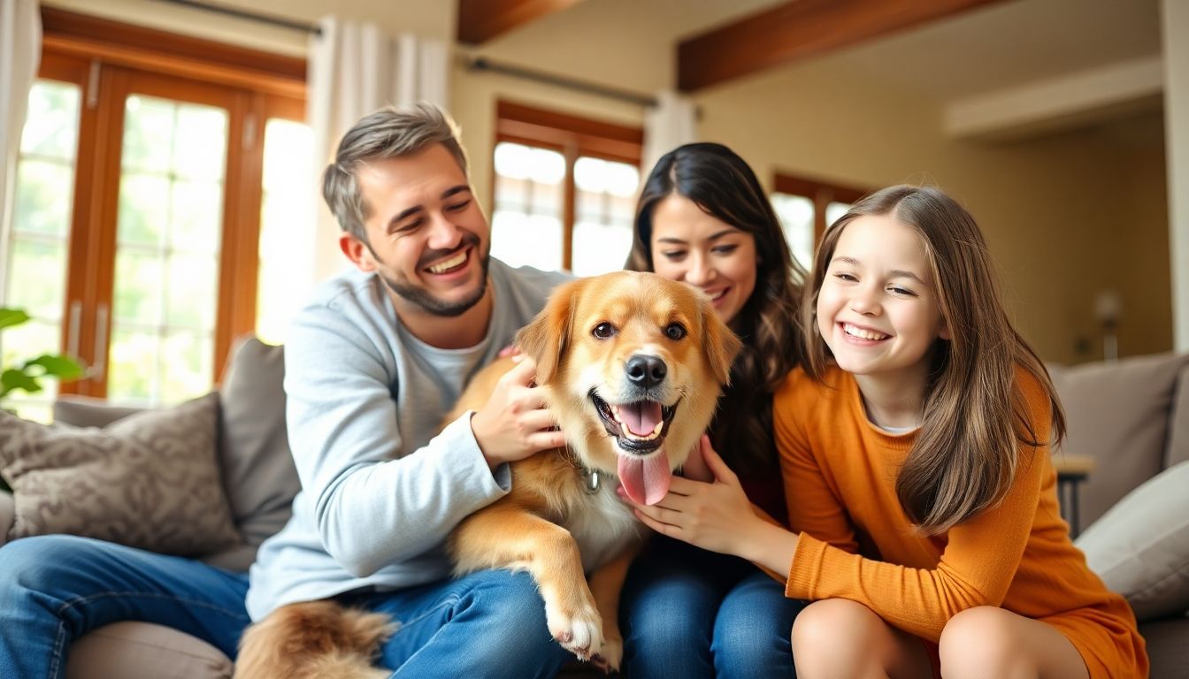 Familia acogiendo a un perro adoptado en su hogar