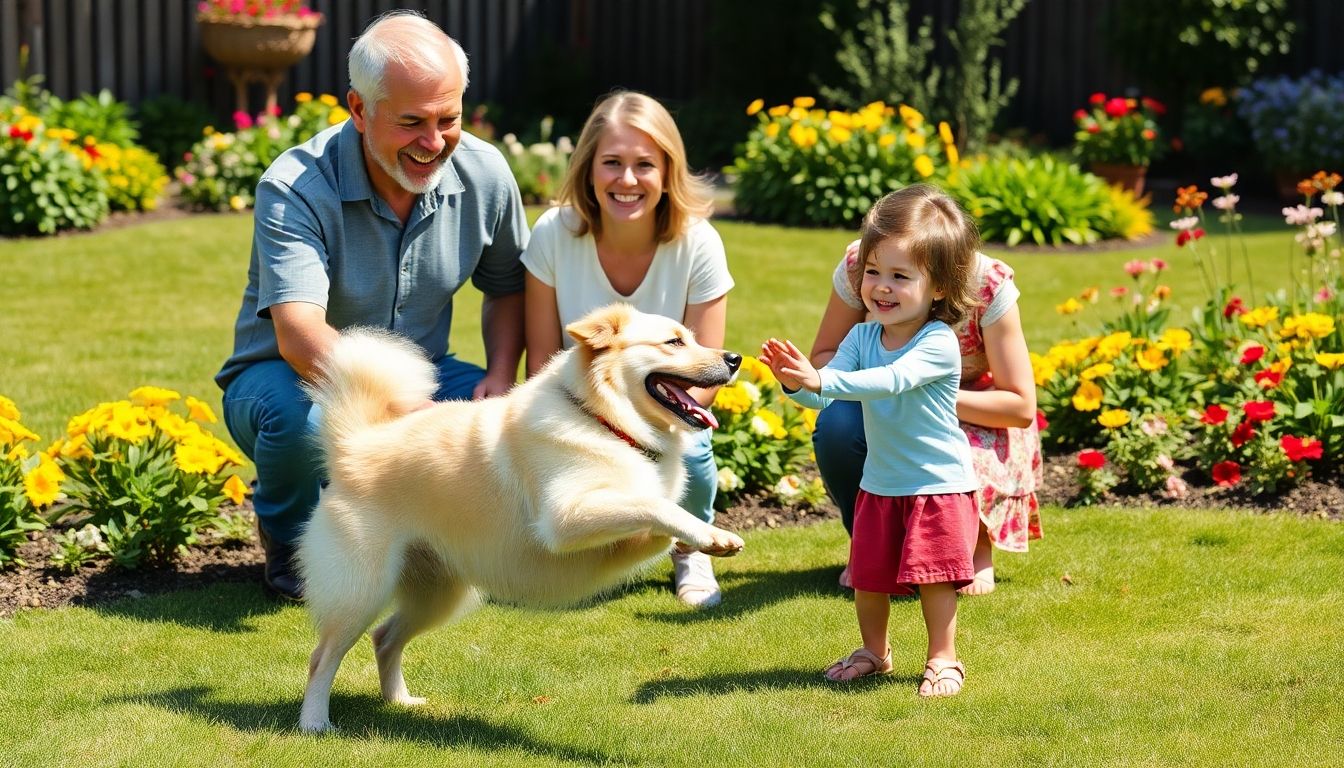 Familia feliz con su pastor suizo en el jardín