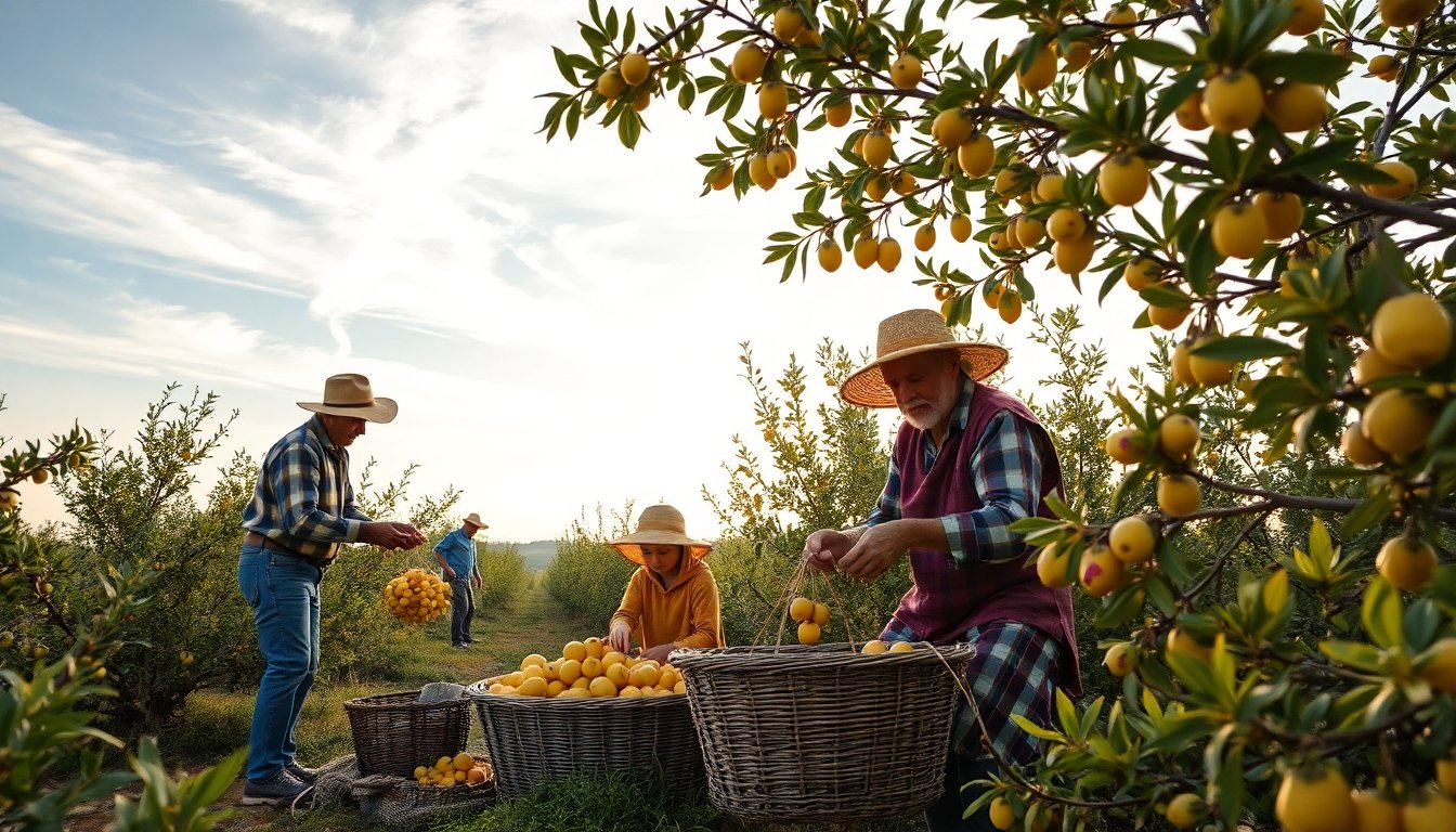 Familia trabajando en un olivar