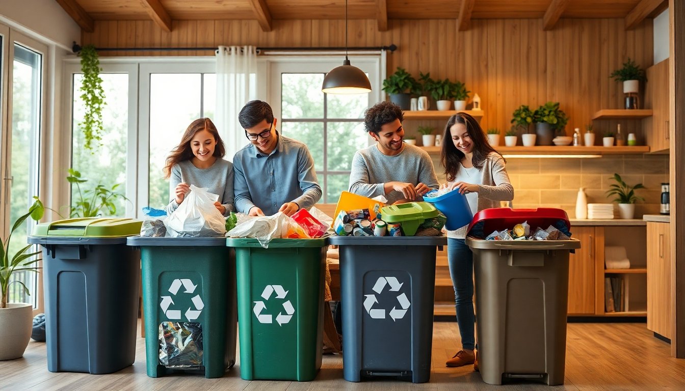 Familia utilizando botes de reciclaje en el hogar