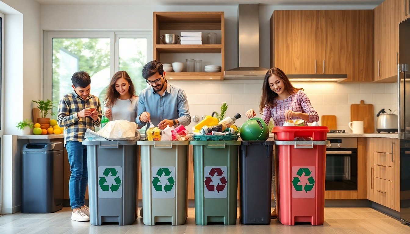 Familia utilizando contenedores para reciclaje en el hogar