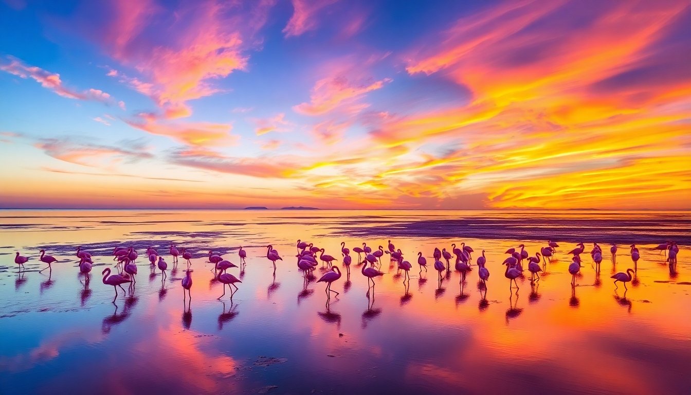 Flamencos en Walvis Bay al atardecer