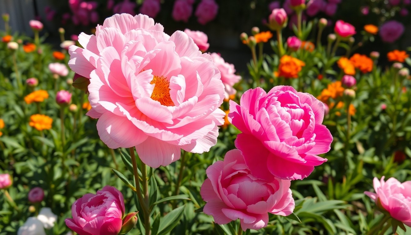Floración abundante de peonías en el jardín