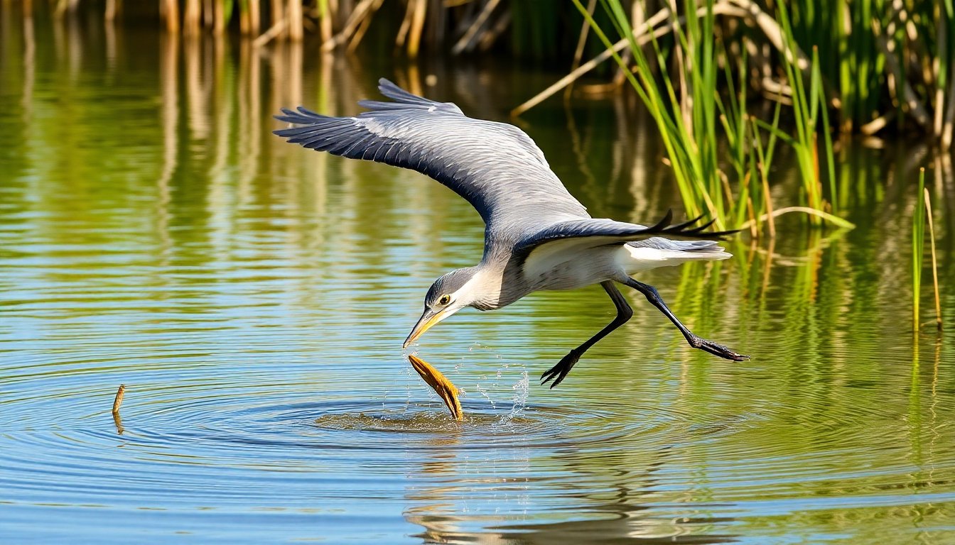 Garza real cazando peces