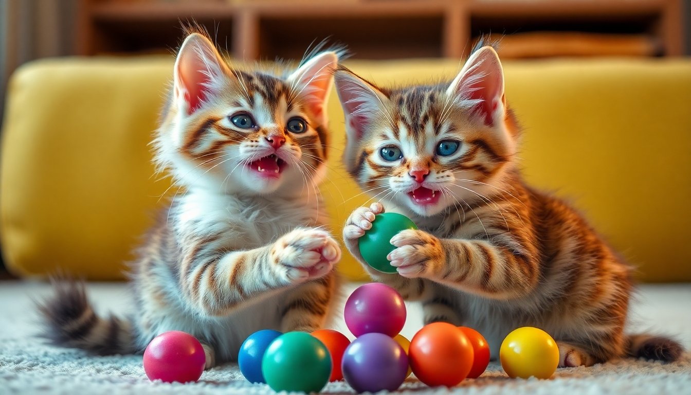 gatitos tiernos jugando con juguetes