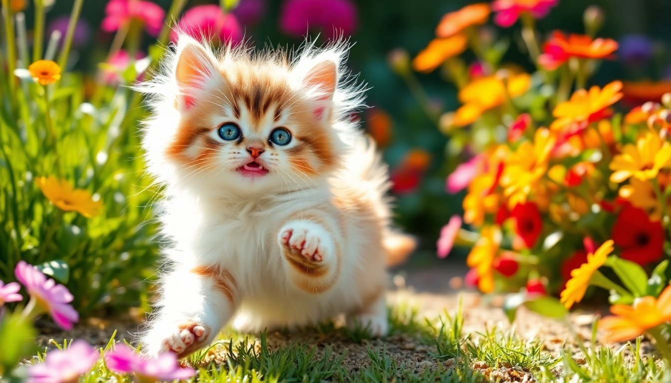 Gato angora bebé jugando en el jardín