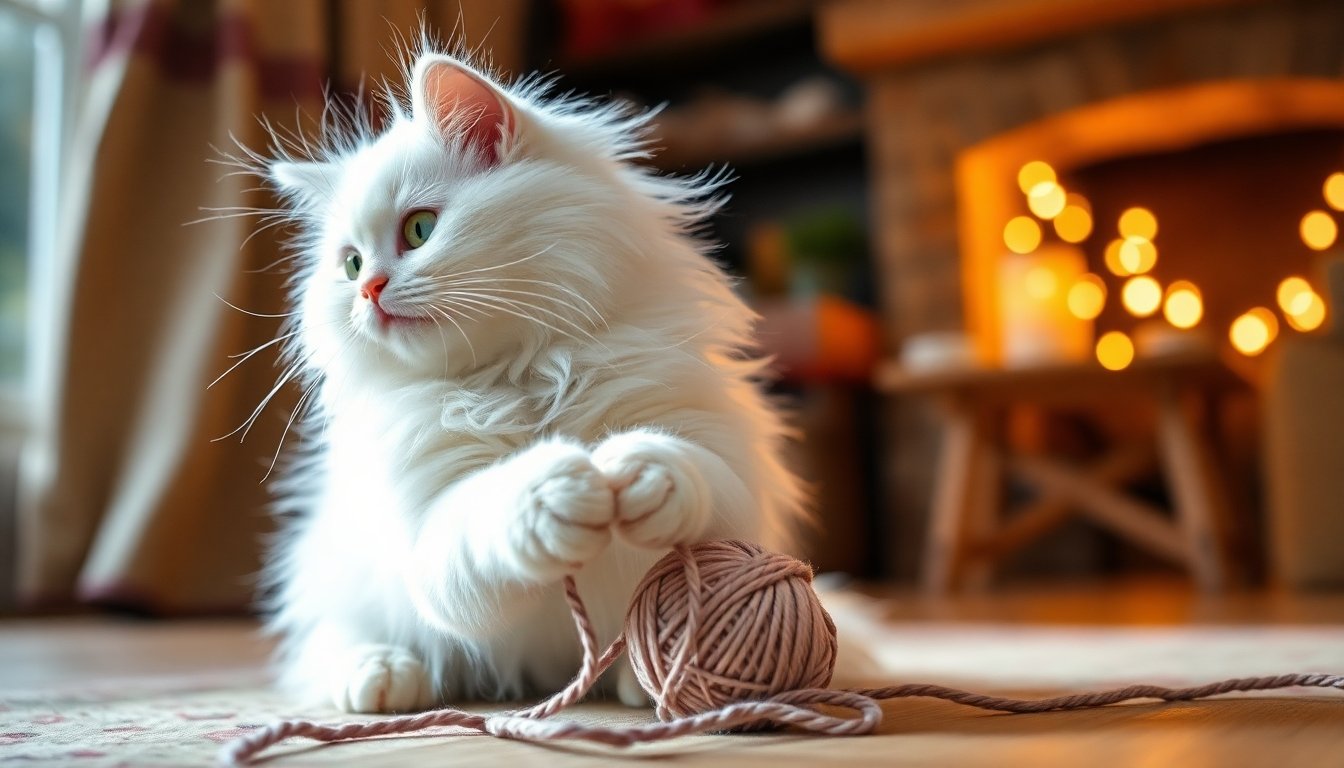 Gato angora blanco jugando en casa